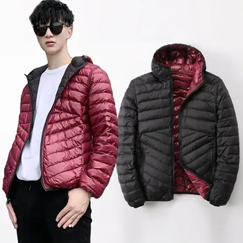

2019 Men Ultralight White Duck Down Jacket Winter Hooded Warm Jacket Men's Portable Package Pack Double Sides Wearing Jackets