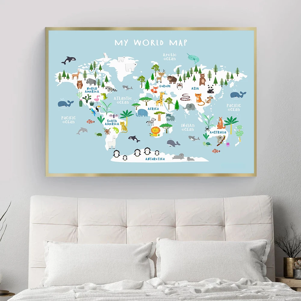 

Educational Animal World Map Picture Children Poster Nursery Wall Art Canvas Print Painting Baby Kid Bedroom Playroom Home Decor