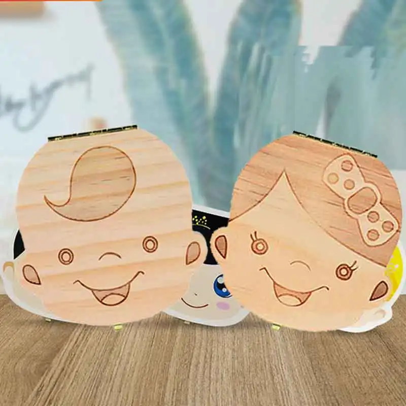 

Tooth Box Portugal/Turkish/Dutch/Greece/English text Organizer Milk Teeth Wood Storage Baby Teeth Box for Boy Girl Save Teeth