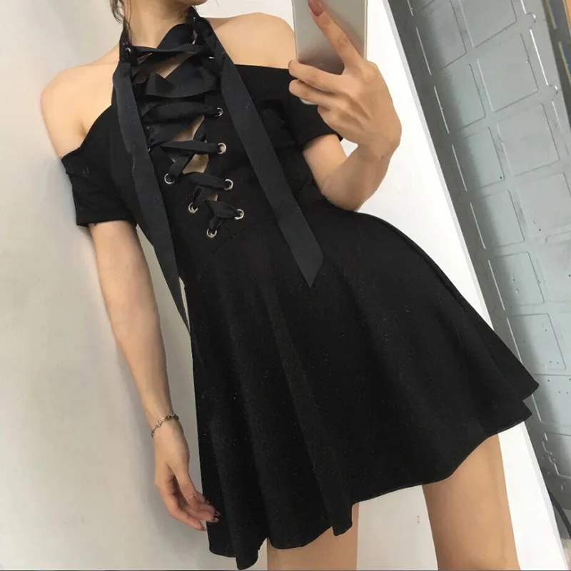 Женское черное готическое платье Harajuku, готическое, для девушек, сексуальное, полое, мини-платье, темно-гранж, уличная одежда, женская одежда, Прямая поставка