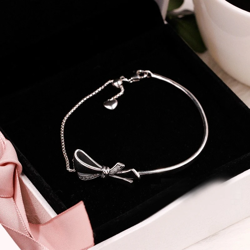 LISM [Wholesale] Winter New Bright Bow Sliding Bracelet Ladies Fashion Gift 925 Silver DIY Original Jewelry