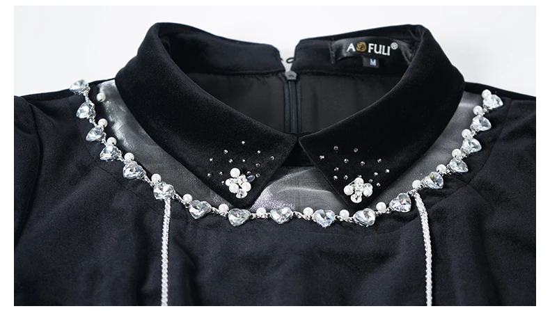 M~ 4XL 5XL женское плотное черное бархатное платье в стиле ретро, черные вечерние платья с алмазным бисером, сексуальное короткое платье в стиле пэчворк AOFULI A4162