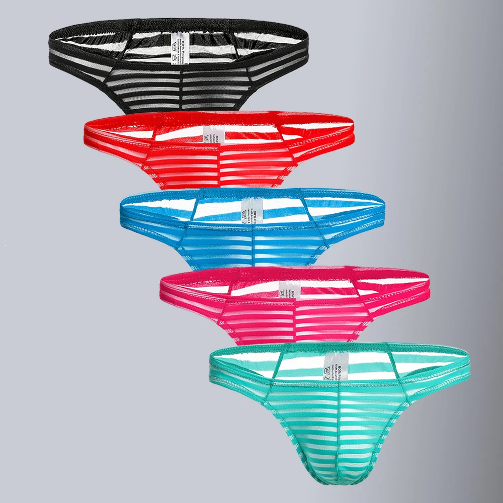 Mens Underwear Mesh Sexy Briefs Striped Low-rise Thong Men Ice Silk See Through Gay Underwear Sexy Underpants 3Pcs / lot