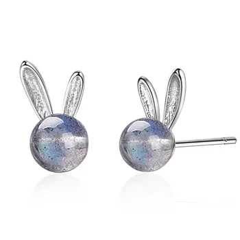 

925 Sterling Silver Natural Blue Moonstone Cute Rabbit Stud Small Earrings For Women Simple Korean Fashion Personalized Jewelry