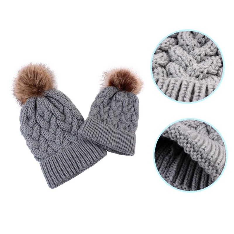 5 цветов родитель-Детские шапочки с помпоном теплый мех енота Bobble Mommy Beanie шапки хлопок трикотажные мама шляпы зимние шапки
