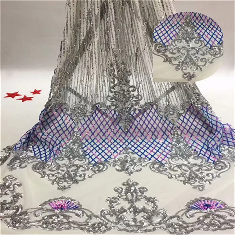 

2019 fashion sequins lace fabric 5 yards gradient color sequins tulle lace fabric African net lace for pary dresses