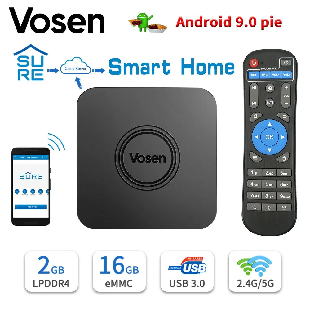 Vosen V1 умный дом IOT Android tv Box 9,0 2GB+ 16GB четырехъядерный DDR4 4K HDR поддержка Z-Wave протокол/BT 4,0/2,4G 5G WiFi/IR Blaster