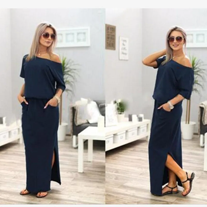 

Summer women's solid color irregular collar dress casual side split pocket loose half-sleeved beach XL dress 2020