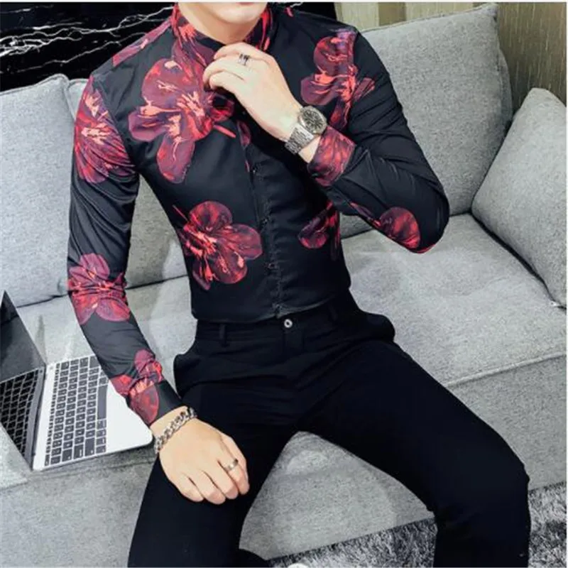 Camisa/Мужская рубашка с цветочным принтом и длинными рукавами; рубашка с цветочным принтом; мужская одежда в городском стиле для мужчин; Клубные вечерние рубашки для свадьбы; мужская рубашка