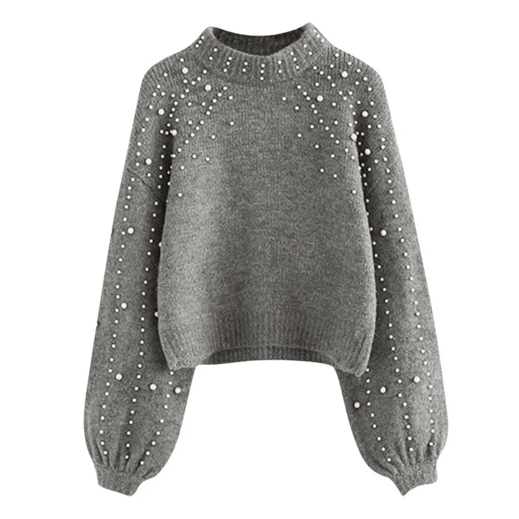 JAYCOSIN свитер, модный Женский Повседневный свитер большого размера, толстый свитер с длинными рукавами и круглым вырезом, однотонный пуловер, свитер с бусинами - Цвет: Gray
