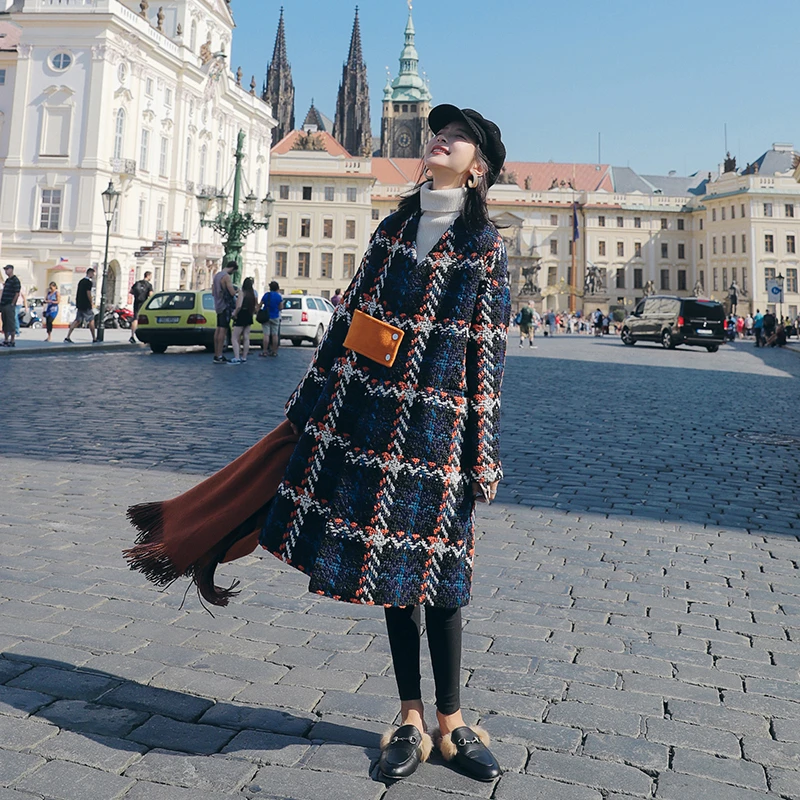 Plaid woolen Coat Women Fashion Winter New Long Retro Parka flavor Loose Thick woolen cashmere Jacket Female W236
