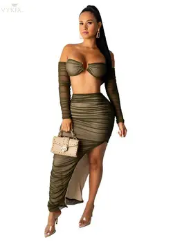 

2020 Spring Winter Women Set Full Sleeve Mesh Tracksuits Slash Neck Crop Top+skirts Suit Two Piece Skirt Set Sexy Club Outfits