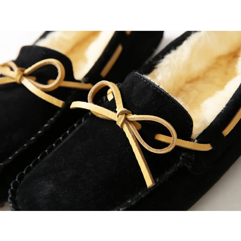 New Bow Wool Boots For Women Concise Slip On Casual Flat Shoes Woman Comfy Warm Runway Ankle Boots Natural Fur Winter Shoes