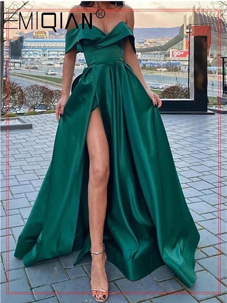 belt Spain Penetration Vestido largo de satén verde esmeralda con hombros descubiertos, traje de fiesta  largo con abertura en la pierna, cuello en V, estilo árabe, para noche| Vestidos de graduación| - AliExpress
