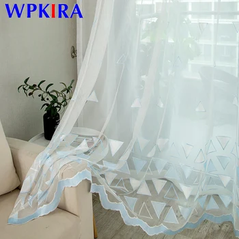

Blue Gradient Triangular Embroidered Voile Curtain For Living Room Window Drapes White Sheer Curtain Lace Tulle Organza M136D3