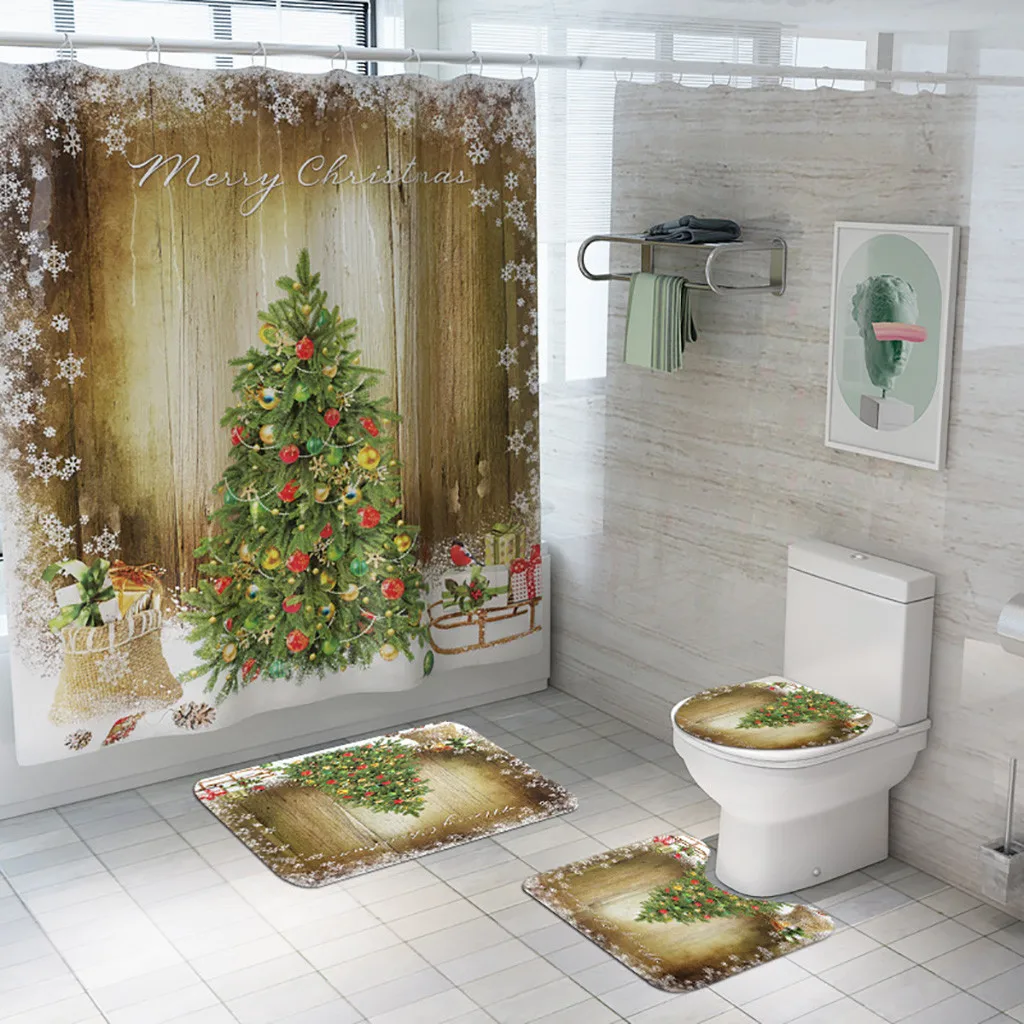 

Christmas decorations for home Toilet Bathroom Mat And Shower Curtain 4Pcs Non Slip Toilet Polyester Cover Mat Set navidad B10