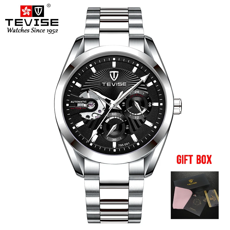 silver black Tevise мужские часы Tourbillon автоматические механические часы лучший бренд класса люкс водонепроницаемые мужские наручные часы с скелетом Relogio Masculino - Цвет: silver black