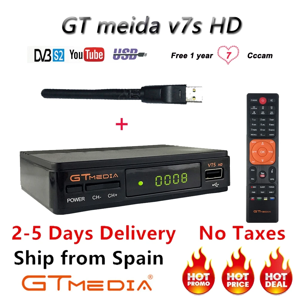 GTmedia V7S HD1080P Full HD DVB-S2+ Бесплатный 1 год Cccam линии спутникового ТВ приемник все Европа Испания поддержка PowerVu, DRE& Biss ключ