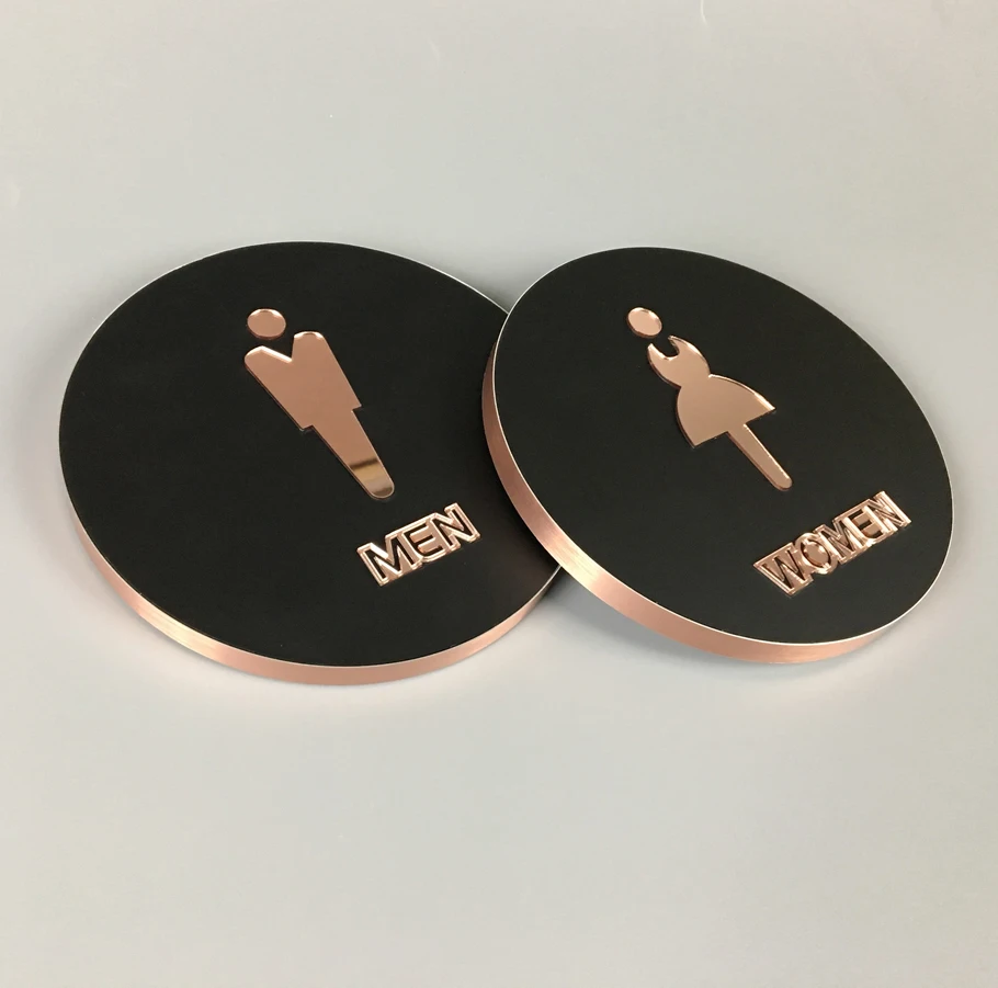 Знак унитаза для мужчин и женщин, знаки для туалета(ванной), диаметр 16 см круг, приклеивается к стеклу, стене, двери, розовое золото и черный