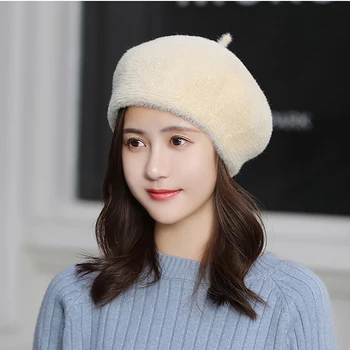 Women Rabbit Fur Knitted Berets Hats Casual Solid Color Autumn Girl Winter Hat Female Bonnet Caps Boina Feminino female solid color acrylic knitted sweet adjustable berets warm winter casual fashion women dome bonnet caps pom pom beret hat