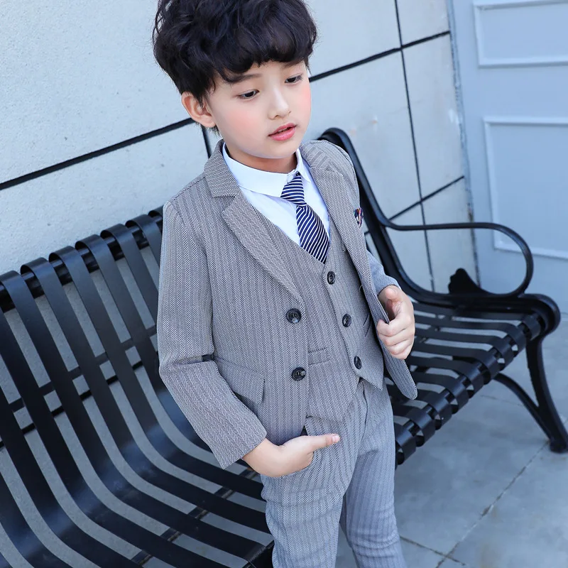Children's Small Suit Autumn And Winter New Boys Striped Three-Piece Suit Jacket Vest Pants Flower Girl Wedding Birthday Dress