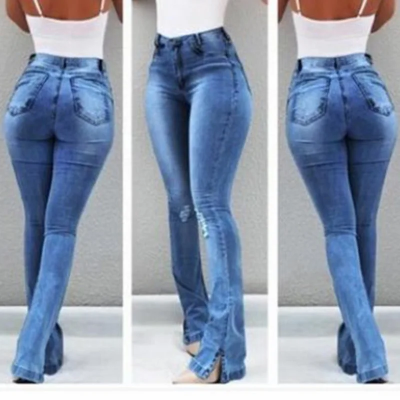 

LASPERAL 2019 Solid High Waist Bell-Bottom Jeans Slim Fit Denim Women Jeans Push Up High Waist Long Flare Pants Skinny Mujer