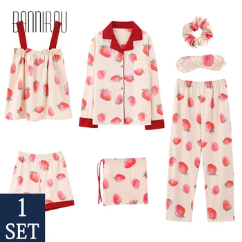 

7 Pieces Women Cotton Pajamas Sets Women Sleepwear Sets Strawberry Spring Summer Autumn Winter Homewear Woman Pyjamas Sets 2020