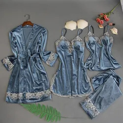 Women Pajamas Sets 4 Pieces Velvet Sleepwear Nightwear Embroidery Pyjama Spaghetti Strap Sleep Lounge Pijama Chest Pads