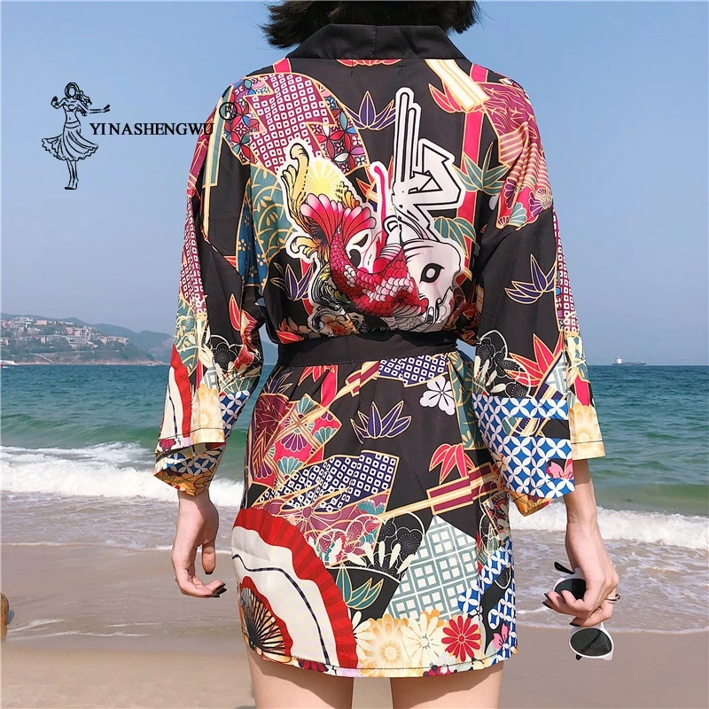 Yukata женский кимоно кардиган Япония Кимоно Одежда Азия летняя рубашка с принтом рыбы Топ повседневные кимоно Kawaii кимоно костюм для косплея
