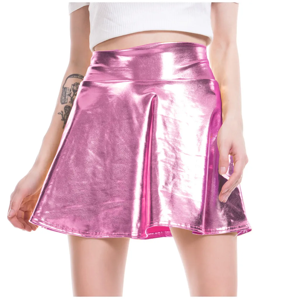 Сексуальные одноцветные юбки женская одежда faldas mujer moda Повседневная модная блестящая металлическая расклешенная плиссированная мини юбка трапециевидной формы