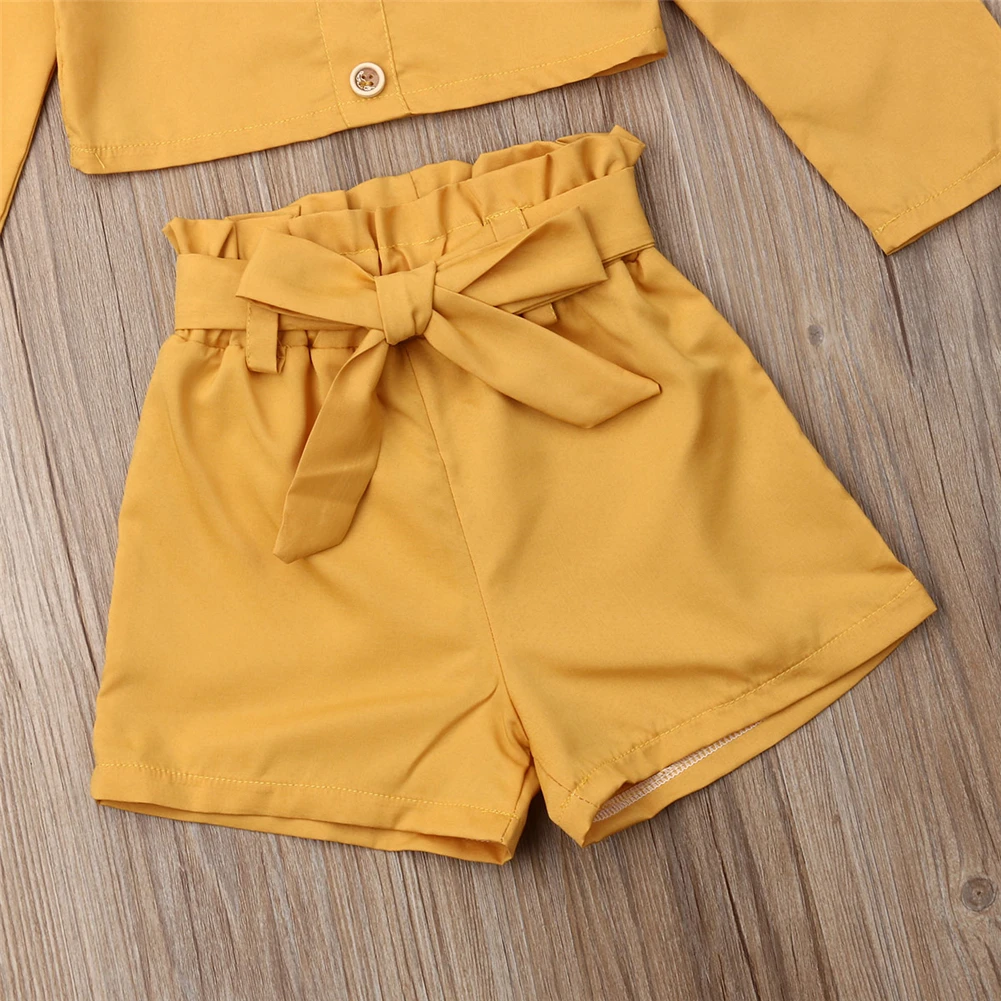Emmababy Детские костюмы для десткая Одежда для девочек маленький ребёнок Fille детская одежда желтого цвета с вырезом лодочкой топы+ шорты