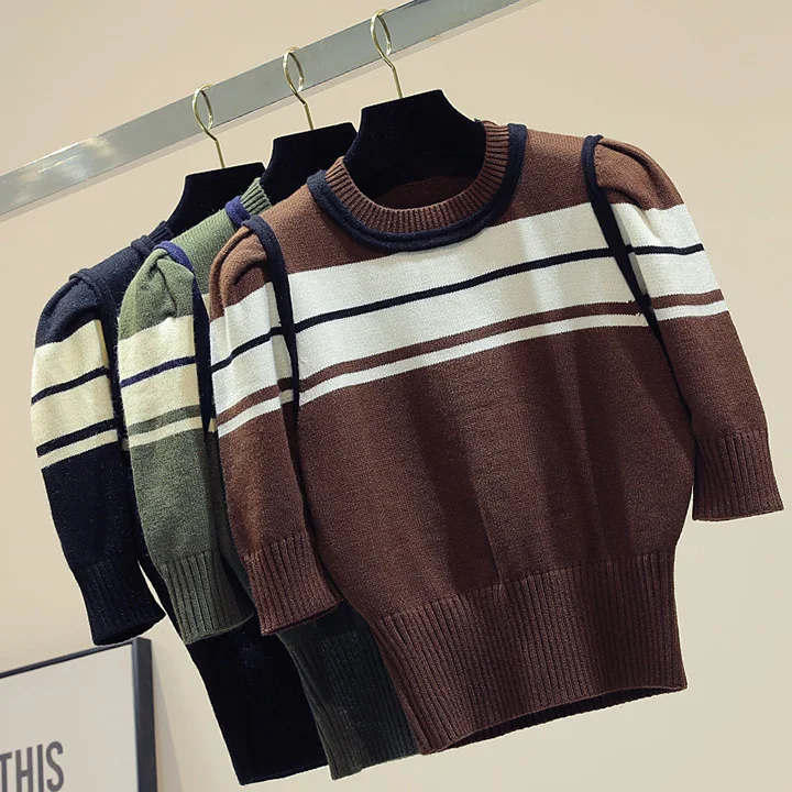 Новинка в Корейском стиле colorblock(цветовой блок), прошитая, с короткими рукавами шорты Модный вязаный свитер для женщин