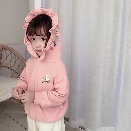 pink Хлопковые толстовки с вышитым кроликом и кепкой для маленьких девочек, гигиенические прокладки, осенняя шляпа для девочек, топы для младенцев, Детский свитер - Цвет: pink