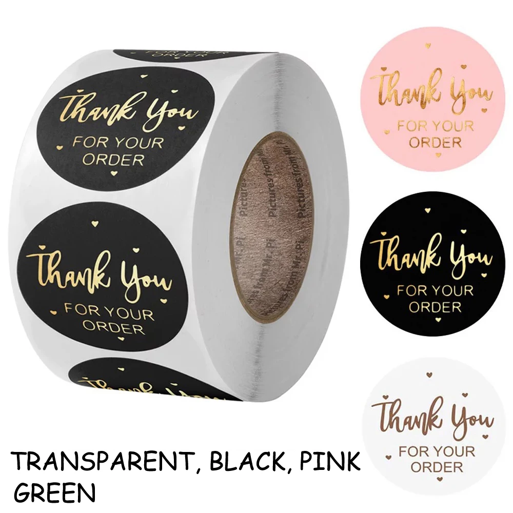 Pegatina THANK you for your order para etiquetas de sellado de sobres, etiqueta adhesiva negra rosa dorado transparente, suministro de papelería