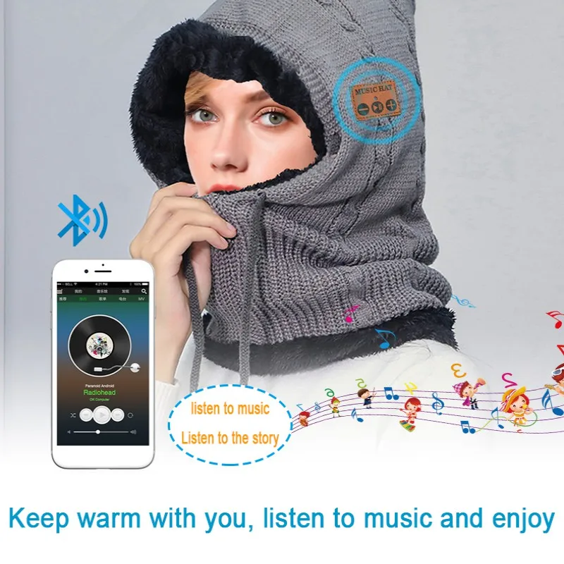 Новинка, шапка, шарф для Bluetooth, с капюшоном, для шеи, воротник, кепка, стерео музыка, на завязках, на голову, накидка, теплая, защита для ушей