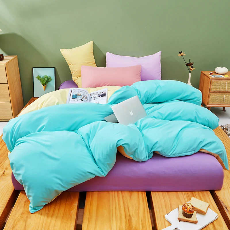 Kawaii Rainbow Bedding Set Fashion Matching Soft Warm Comfort A/B Brushed Fabric Bed sheet Duvet Cover Home King Queen Size 4pcs 