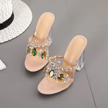 

2020 Women Slippers Female Square Heels Ladies Crystal Tranparent Shoes Women's Open Toe Comfortable Footwear New Plus Size