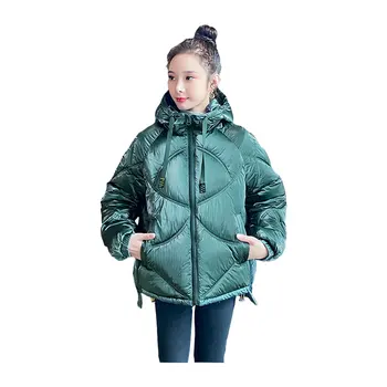 

Women Short Winter Jacket Girls Wide Loose Hooded Glossy Windproof Down Jacket Oversize Cotton padded Parkas Outwear Coat