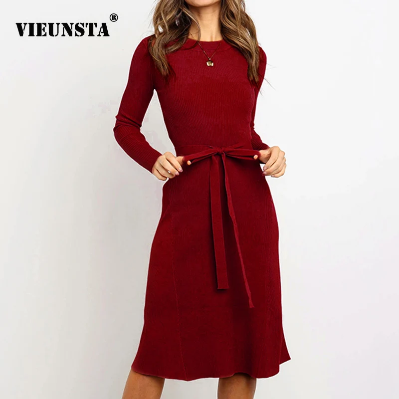 

VIEUNSTA Women O Neck Solid Knitted Sweater Dress Autumn Winter Lace-up Midi Party Dress Casual Long Sleeve A-Line Dress Vestido
