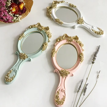 

Vintage Handhold Makeup Mirror Pink Repousse Floral Oval Round Cosmetic Hand Held Mirror With Handle For women Gifts Christma