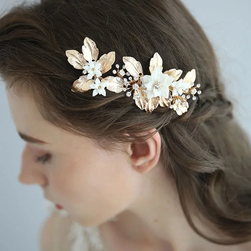 hair clip Нежный фарфор цветок свадебный гребень для волос античный серебряный свадебный головной убор Роскошные вечерние выпускные украшения для волос для невест - Окраска металла: hair clip