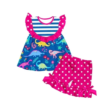 

Hot sale boutique kids outfit di-no printed petal neck visual effects with red dot print icing shorts