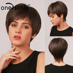 oneNonly Short Straight Ombre Black Brown Synthetic Wigs with Bangs Layered Wig for Women Cosplay Natural Hair Heat Resistant