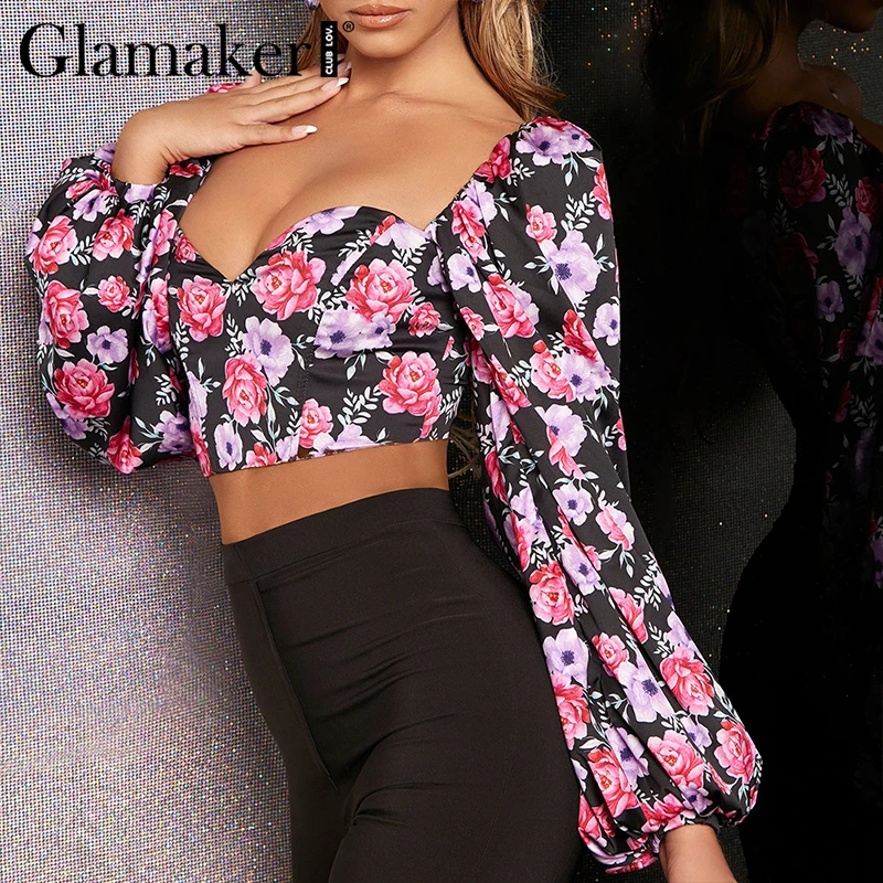 Glamaker с принтом розы, винтажная блузка с открытой спиной, женская, с длинным рукавом, с буфами, весенний Топ, сексуальный квадратный воротник, элегантные вечерние клубный кроп-топ