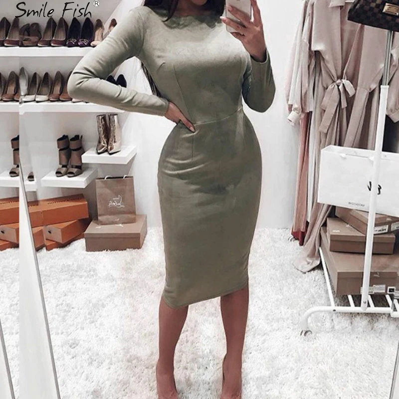 

New Autumn Winter Female Hip Pencil Sheath Slim Package Dress Women Bodycon Dress Long Sleeve O-Neck Vintage Party Dresses GV017