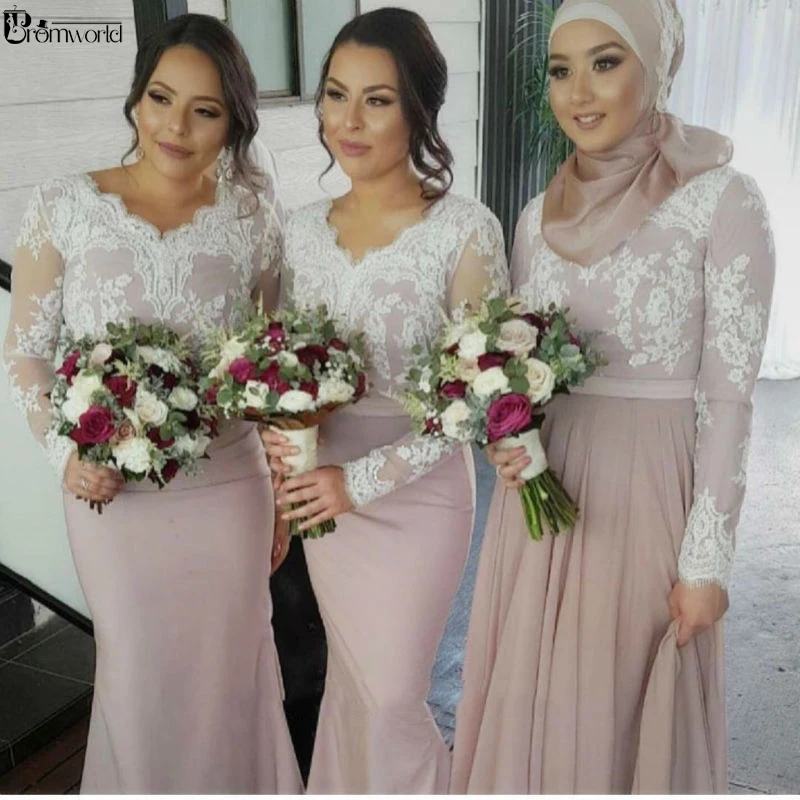 Цвета шампанского с длинным рукавом платья подружек невесты русалка vestido madrinha vestido de festa longo Платье подружки невесты для свадебной вечеринки