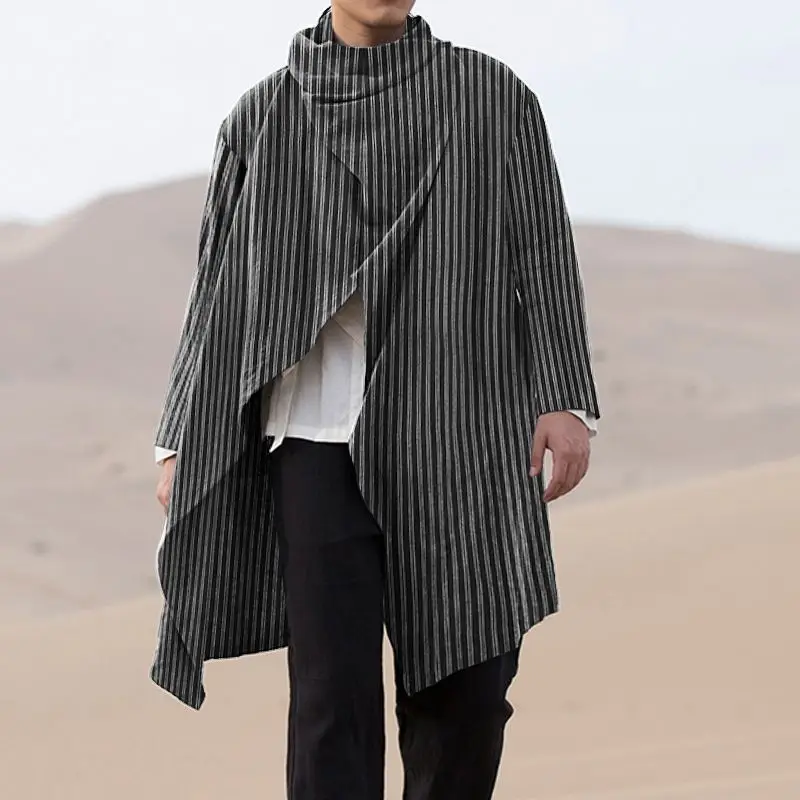 

Irregular Coats Streetwear INCERUN Fashion Men Striped Trench Long Sleeve Turtleneck Ponchos Cotton Retro Button Outerwear 3XL 7