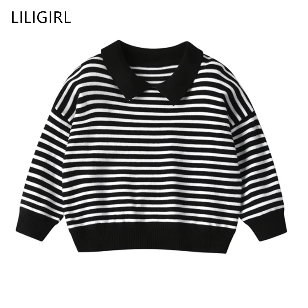 LILIGIRL; Новинка; одежда для маленьких девочек и мальчиков; сезон весна-осень; детские свитера в полоску с длинными рукавами и отворотами; детский Модный хлопковый пуловер