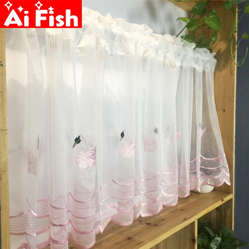 

Pink Swan Double Lace Bottom Bead Embroidery Tulle Curtain Simple Modern Kitchen Study Custom Short Curtain Cortinas M062-3