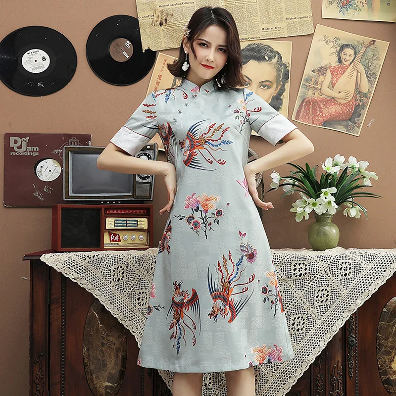 Весенние новые элегантные женские Cheongsam короткое ожерелье с косой планкой на пуговицах платья синие повседневные короткие тонкие платья чонсам